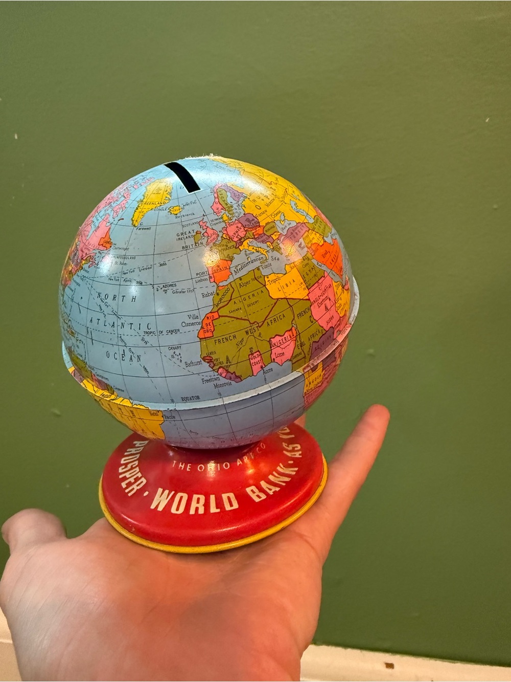 vintage Ohio Art Company "World Bank" tin litho piggy bank